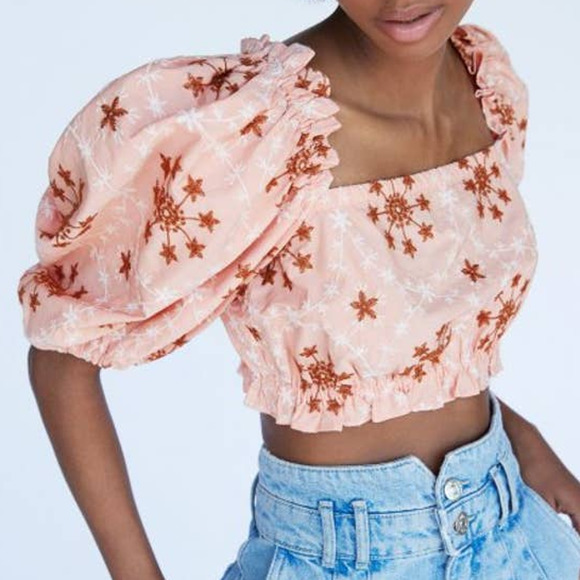 Zara Embroidered Voluminous Crop Top in Salmon - Picture 4 of 14
